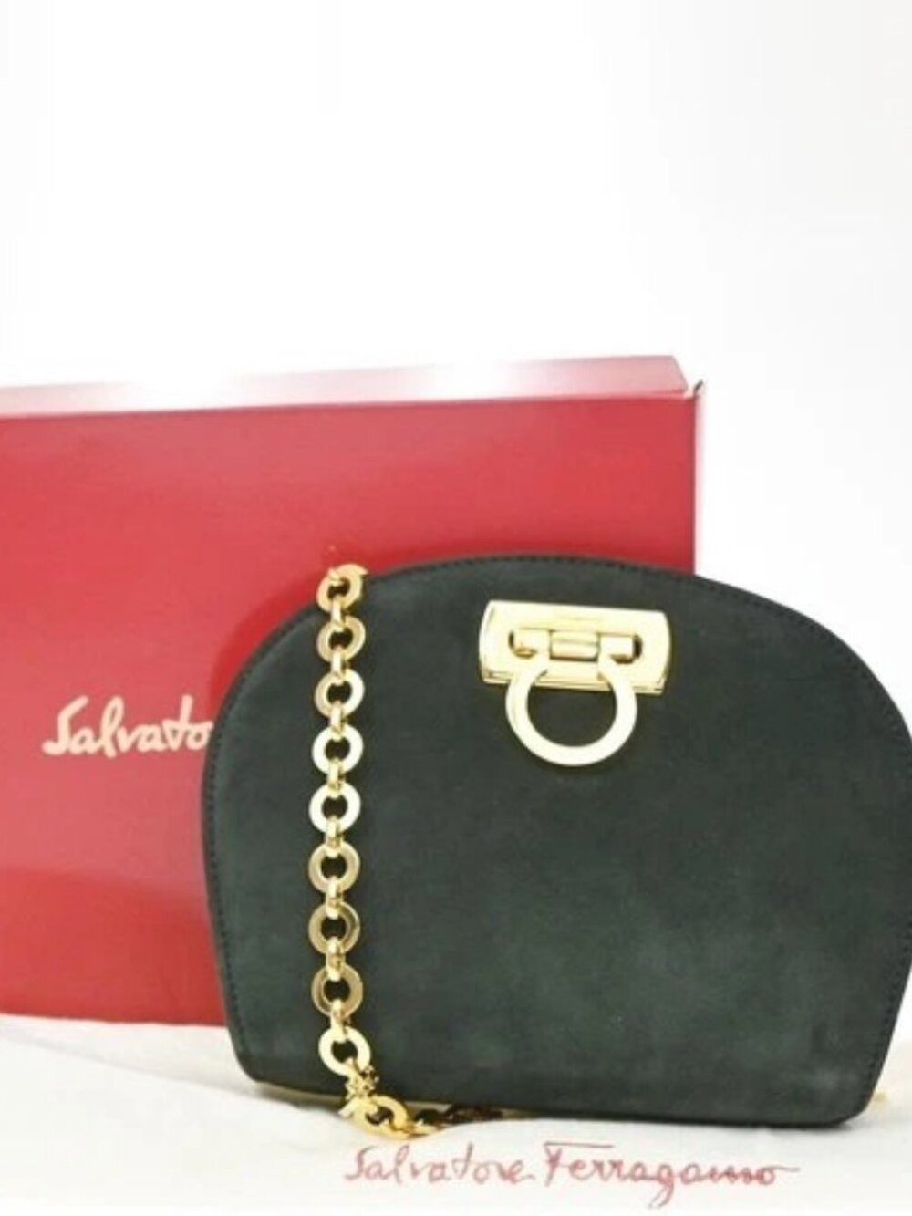 SALVATORE FERRAGAMO Gancini Chain Shoulder Bag Suede Green GHW Italy 34KD809